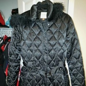 Ladies small Belted black Sonoma puffer jacket with furry hood.